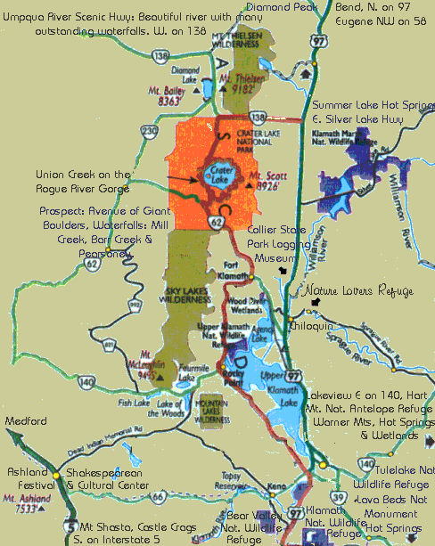 Map of the surrounding area -- traveling a radius of approximately 100 miles in any direction from Gathering Light Nature Retreat: Crater Lake, Umpqua River, Rogue River, Summer Lake Hot Springs, Klamath Marsh, Klamath Wildlife Refuge, Tulelake Wildlife Refuge, Mt Shasta, Lava Beds National Monument, Ashland, Oregon and the Shakespearean Festival, Historic Jacksonville, Oregon, Waterfalls, Mt McLoughlin, Klamath Lake, the Williamson River, Hiking, Rafting, Canoeing and Kayaking.