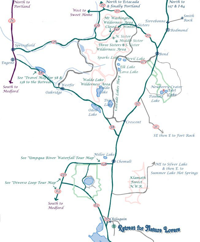 Map of the west cascades national scenic byway in the cascade mountains of oregon: travel oregon in the willamette national forest in the cascade mountains in oregon - the west cascades national scenic byway, one of many scenic byways in oregon, along wild and scenic rivers, through old growth forests, hike the many hiking trails in wilderness areas in beautiful oregon.